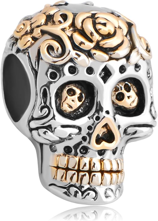 Fit Pandora Charms Silver Plated Dia De Los Muertos Skull Charm Bead (4.8-5mm), 14.9mm