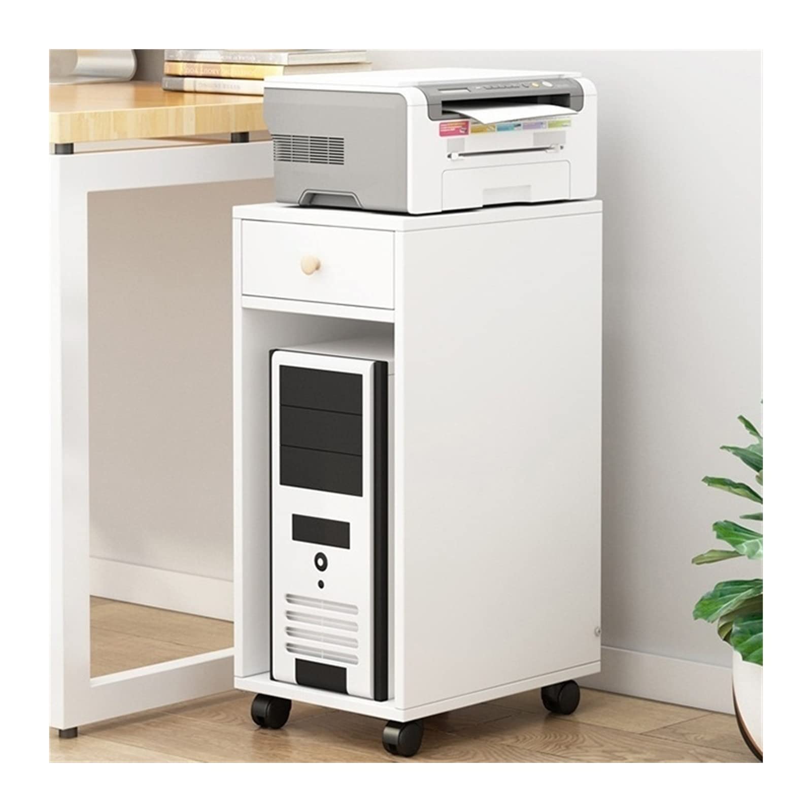 Práctico Soporte de Torre for PC con Almacenamiento, Soporte for CPU rodante Madera 2 Niveles cajón, for Caja Carrito Impresora móvil for Oficina en casa(Blanco)