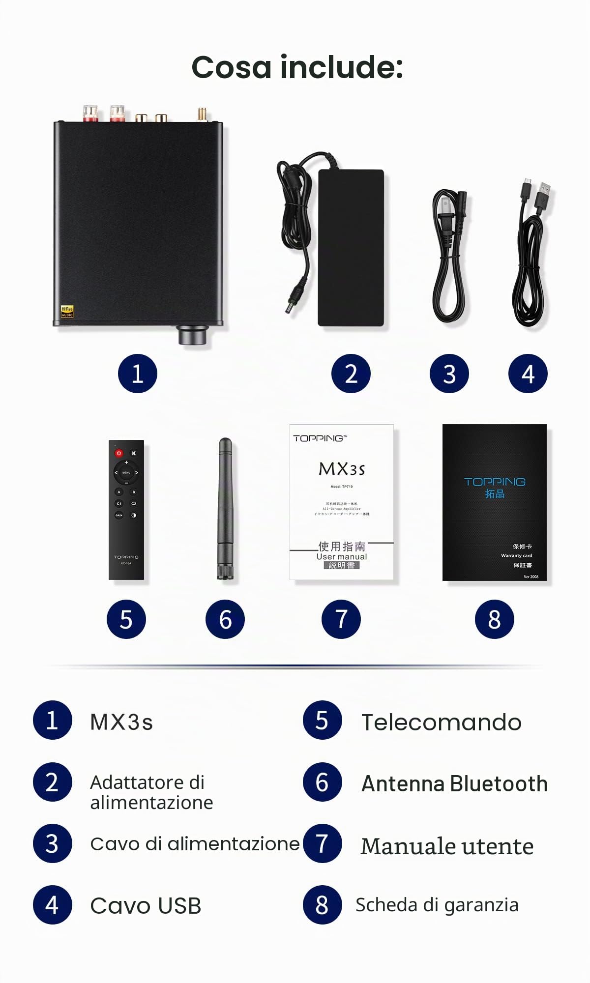 Topping MX3s Amplifier 62W x 2 Classe D amplificatore di potenza Uscita subwoofer 700mW x 2 amplificatore per cuffie 24-bit/192kHz AKM USB C DAC Supporto Bluetooth Nero