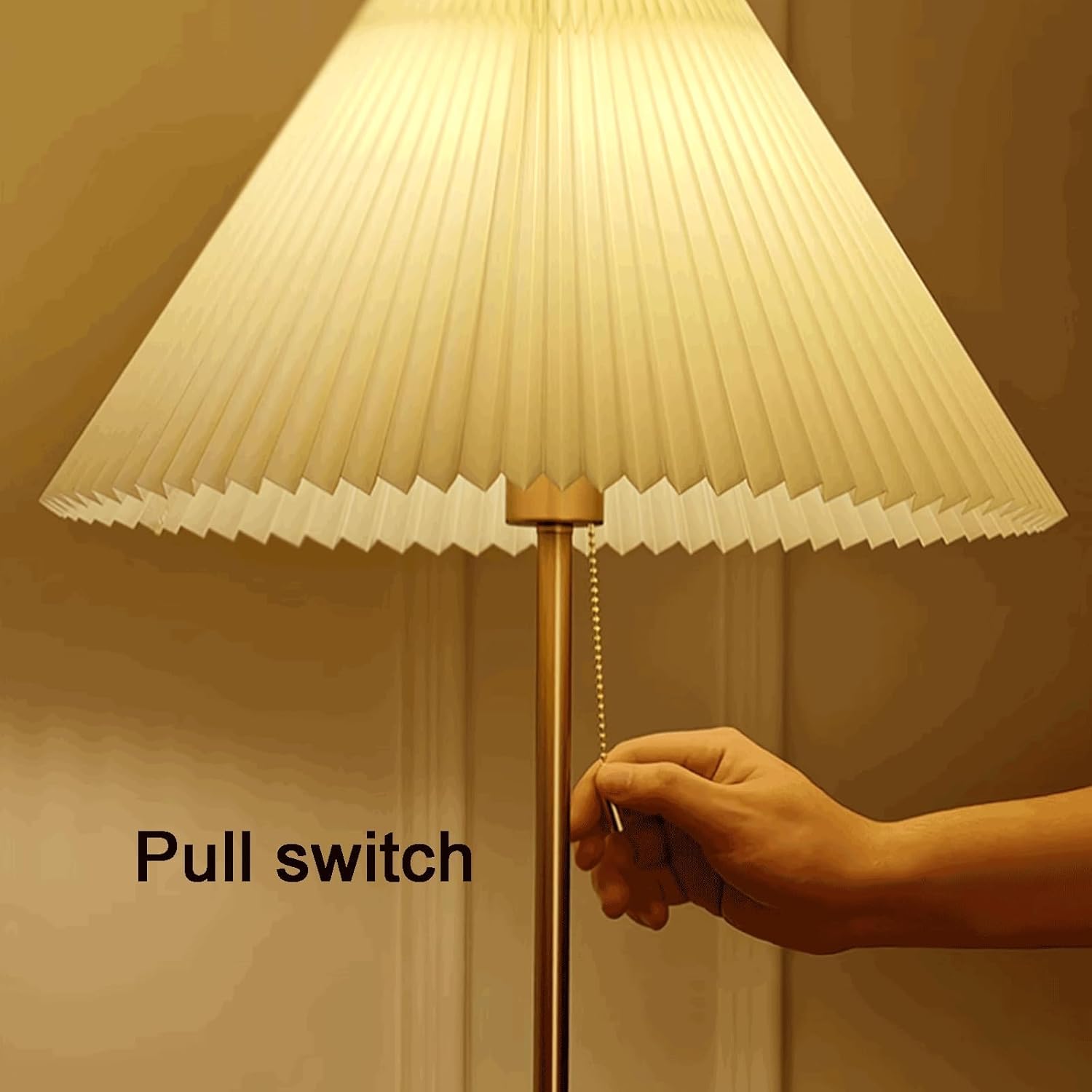 Lampa podłogowa z litego drewna, plisowany klosz, przełącznik sznurkowy, prosta lampa narożna, lampa stojąca do czytania