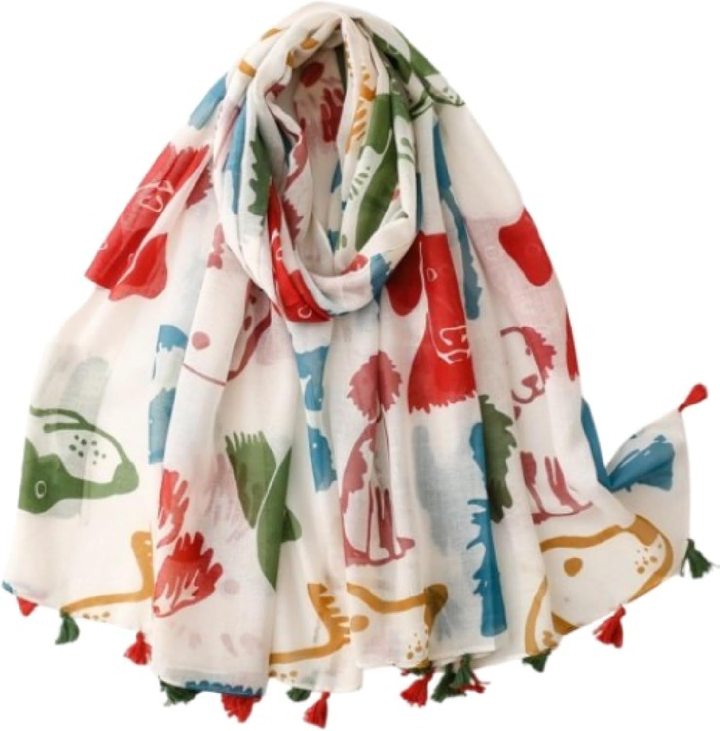 Women Soft Lightweight Colorful Dog Print Tassel Scarf