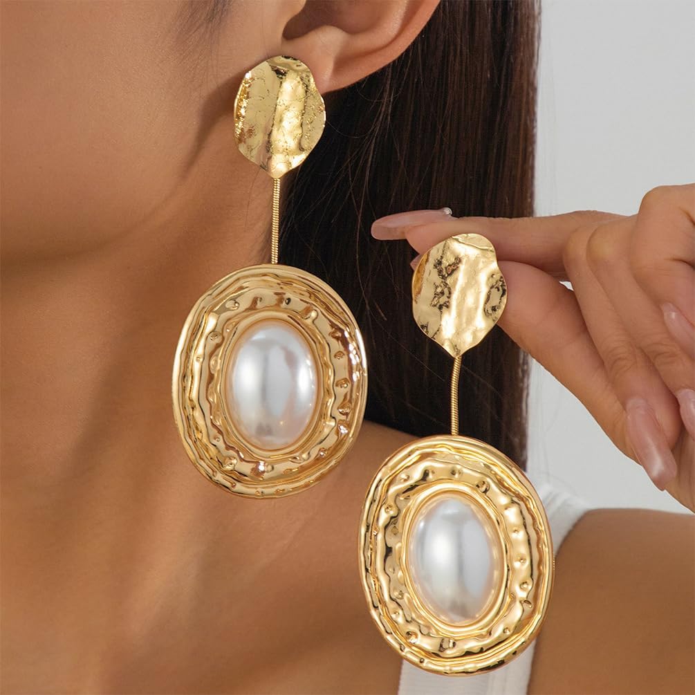 Statement Big Pearl Chunky Gold Hammered Earrings for Women Trendy Vintage Large Oval Pearls Drop Dangle Stud Earring Exaggerated Dainty Prom Ear Jewelry - Image 3