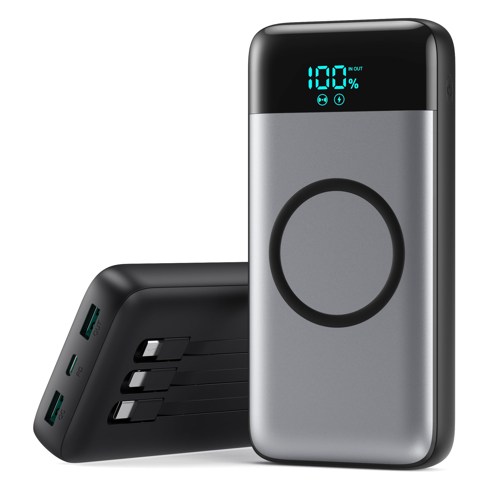 Cargador portátil inalámbrico de 40800 mAh para iPhone con 3 cables integrados, carga inalámbrica 7 en 1 de 15 W, cargador USB C, pantalla LCD de 25 W PD QC 4.0, batería de carga rápida para iPhone 16