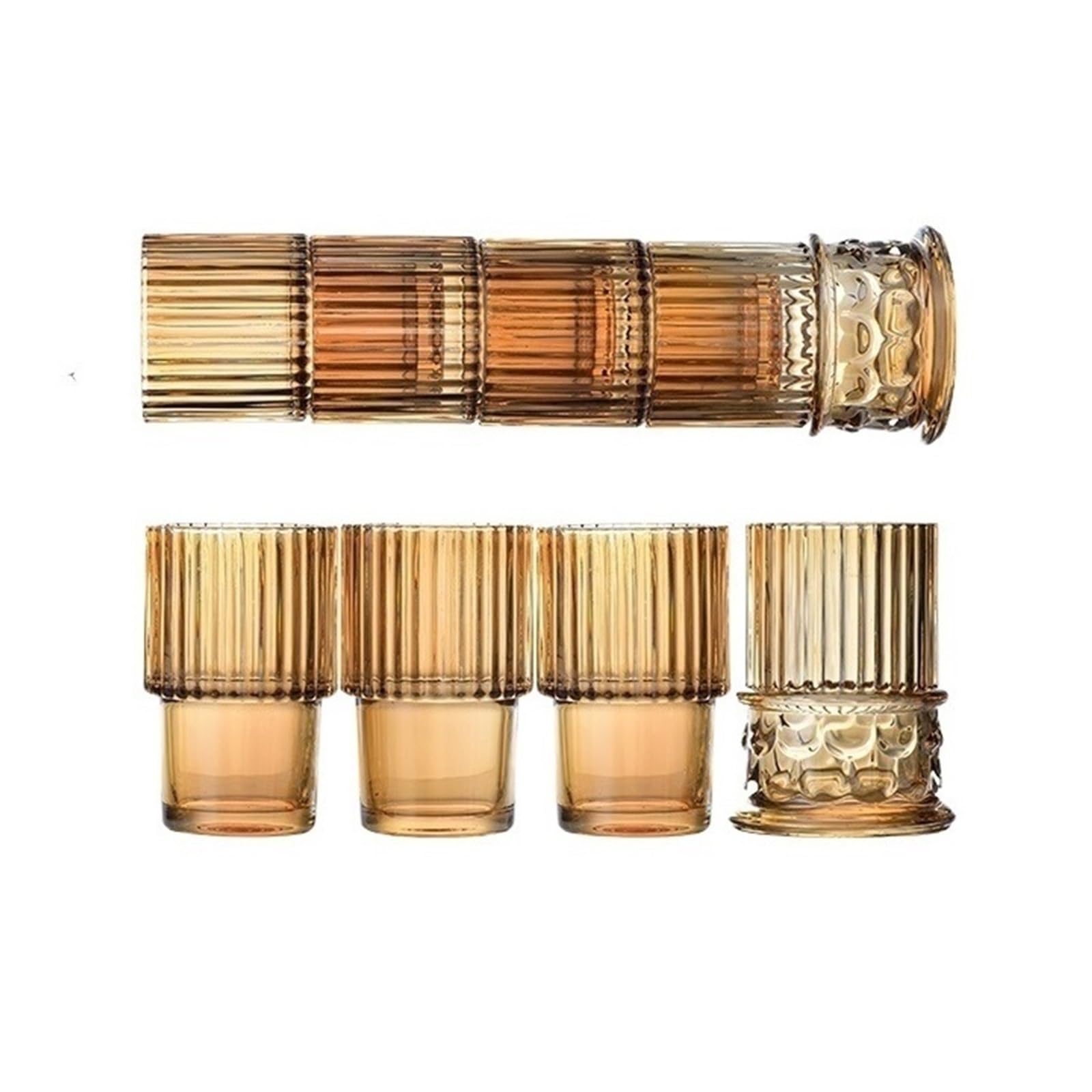 Glasbecher, Bernsteinfarbenes Trinkglas-Set mit 4 stapelbaren, geprägten Glasbechern