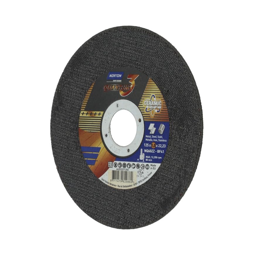 Norton Quantum3 Disco da taglio diamantato - 125x1x22.23mm, Ultra-sottile 1mm, Qualità industriale, Particolarmente adatto per acciaio e acciaio inossidabile, Taglio efficiente e preciso