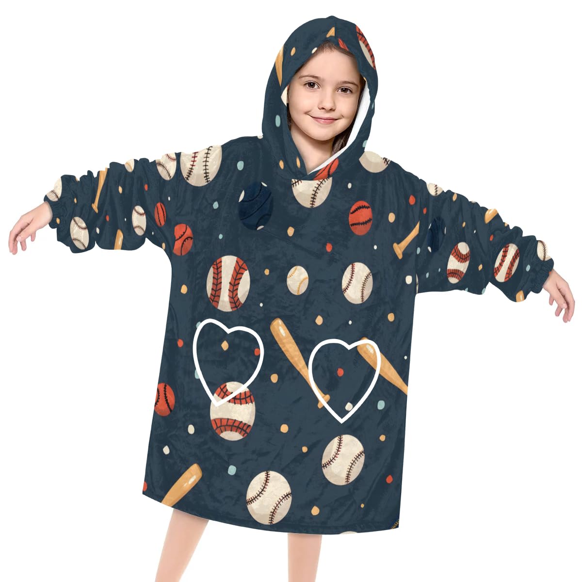Pardick Wearable Blanket Hoodie for Kids, Retro Baseball Fleece Sweatshirt Blanket Oversized Blanket Sweatshirt with Pocket Flannel Warm Hooded Blanket 6-10 Year Old Girl Boy Gift, One Size
