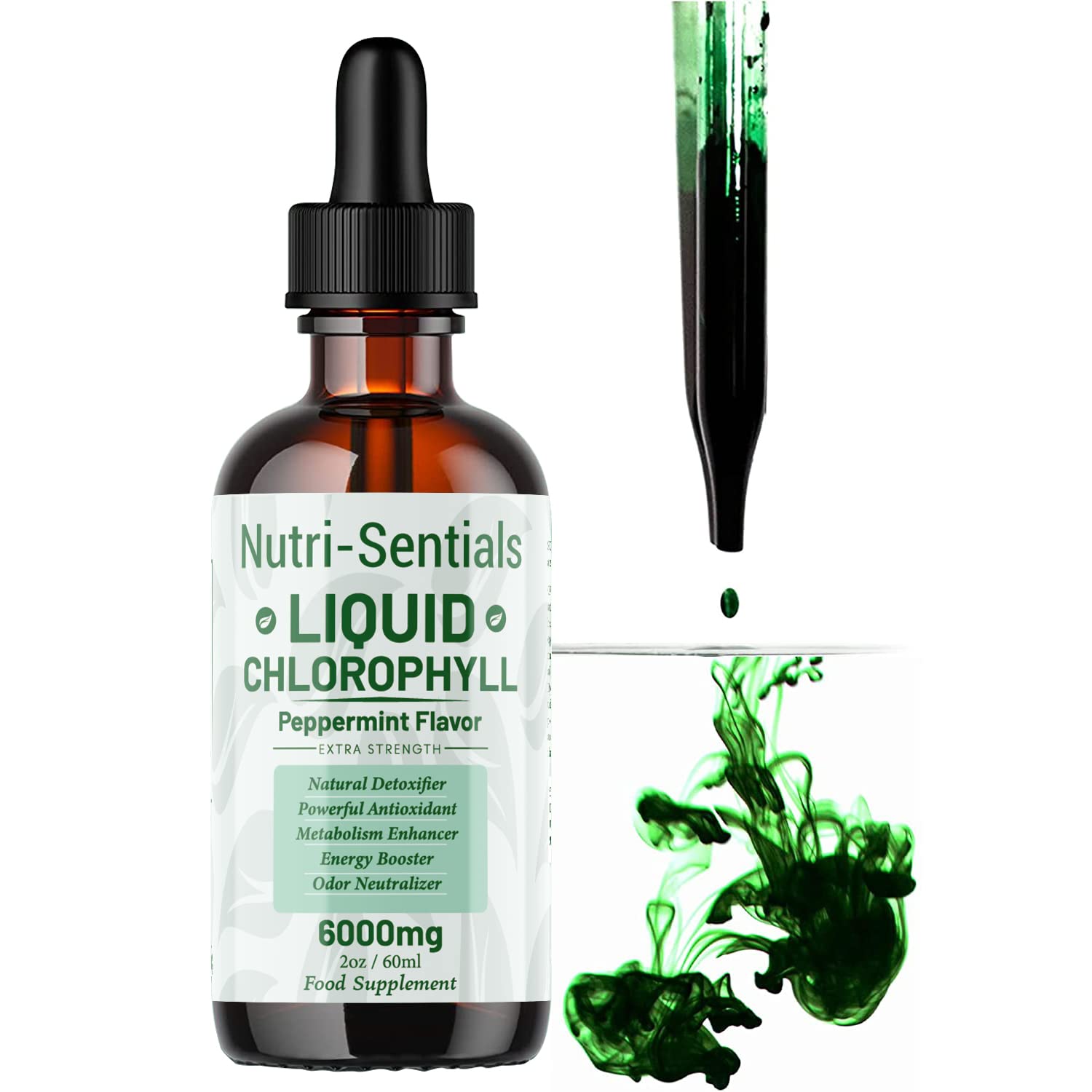 Liquid Chlorophyll Drops for Water - 6000mg High Strength Chlorophyll Drink, Natural Detoxifier, Energy Booster and Powerful Antioxidant, 60ml for 60 Servings
