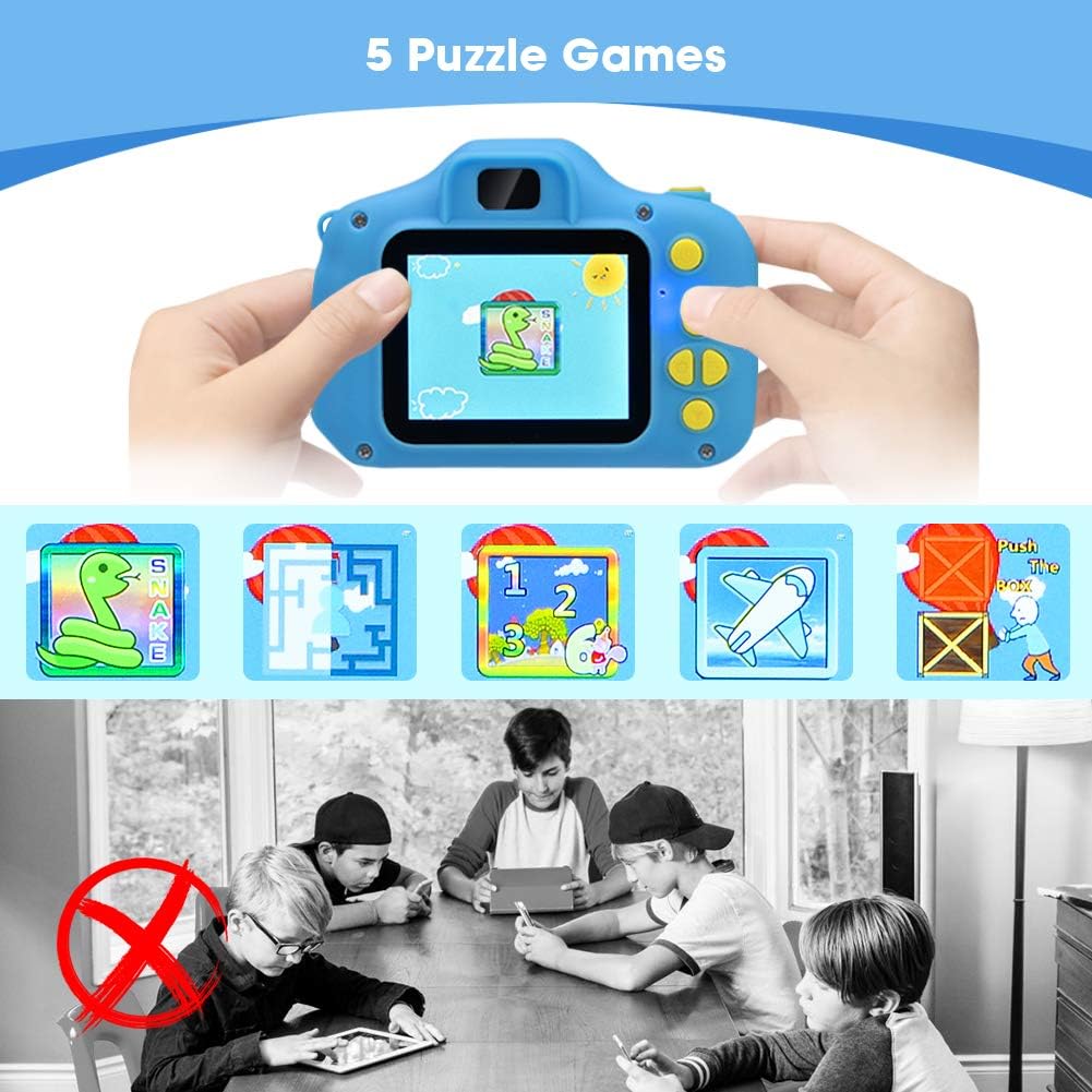 Desuccus Kids Camera Toddler Toys Christmas Birthday Gifts for Boys and Girls Kids Toys 3-9 Year Old HD Video Digital Video Camera for Toddler 5 Puzzle Games with 32GB SD Card (Blue) : Toys & Games