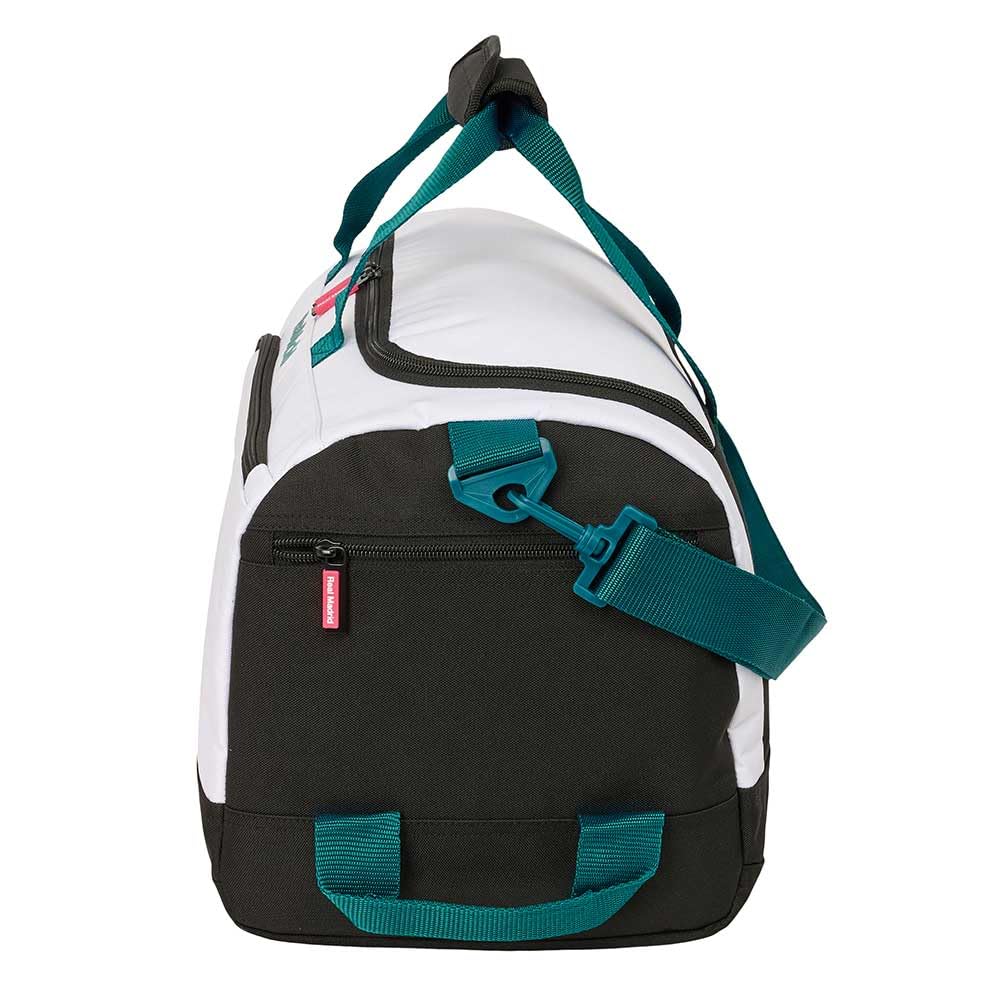 SAFTA | Bolsa de Deporte Real Madrid Equipación 26/27, Bandolera Ajustable y Extraíble, Doble Cremallera, Bolsillo Frontal y Laterales, Fondo Semirrígido Extraíble, Base con Tacos, Medidas 50x25x25 cm