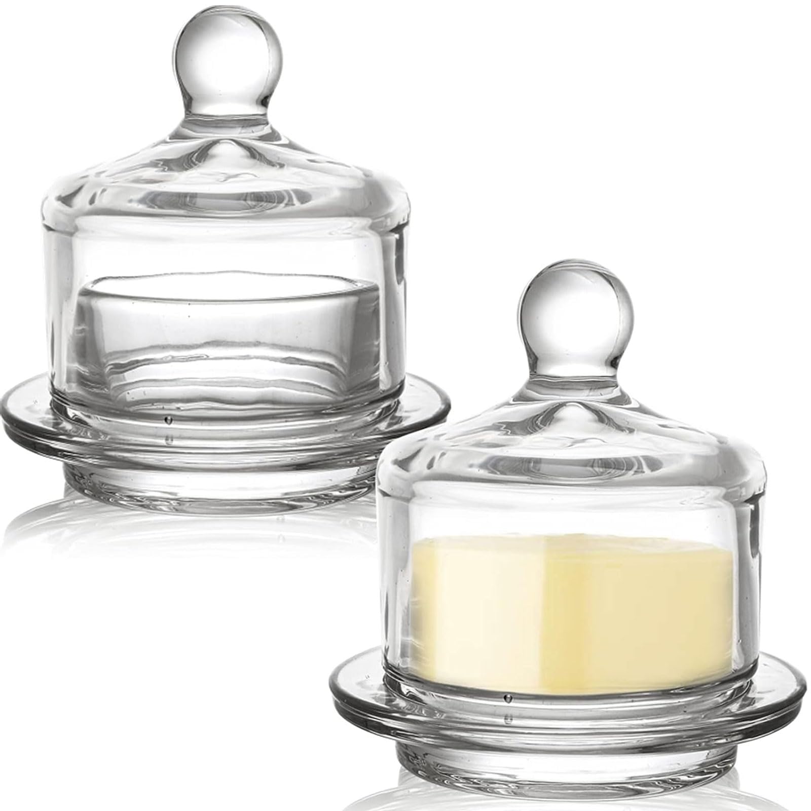 2 Pack Glass Butter Dishes, Small Round Butter Keeper with Dome Lid and Handle and Butter Knife, Clear Butter Serving Container with Cover, Round Crystal Mini Butter Cloche for Candy, Dessert, Spread