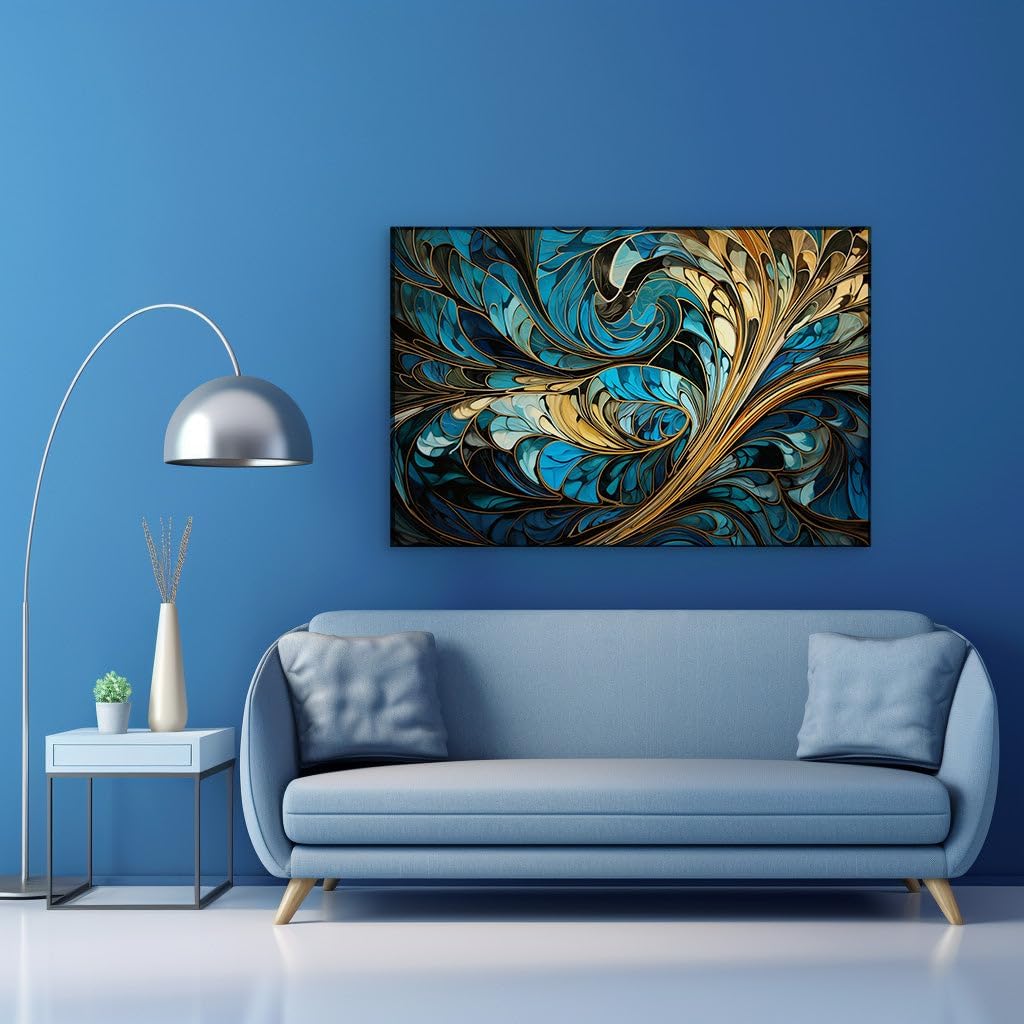 Canvas for Living room. Spirals of Elegance: The Dynamic Interplay of Blue and Gold in Abstract Art, 27 x 18 inch Canvas Wall Art - Ready to Hang
