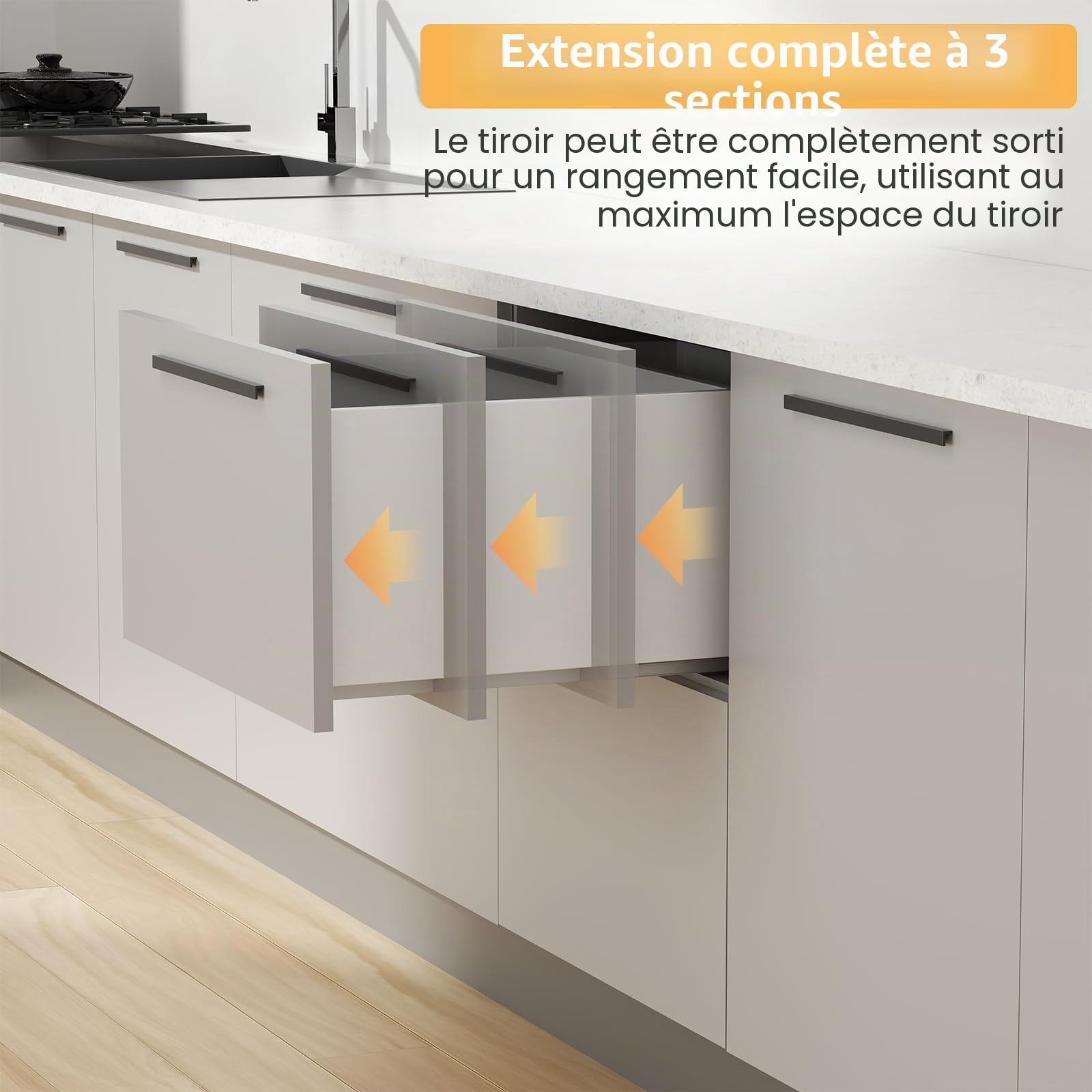 400 mm Glissière de tiroir sous plan de, fermeture en douceur, montage et support par le bas, capacité de charge de 40 kg, extension complète à 3 volets, 1 paire