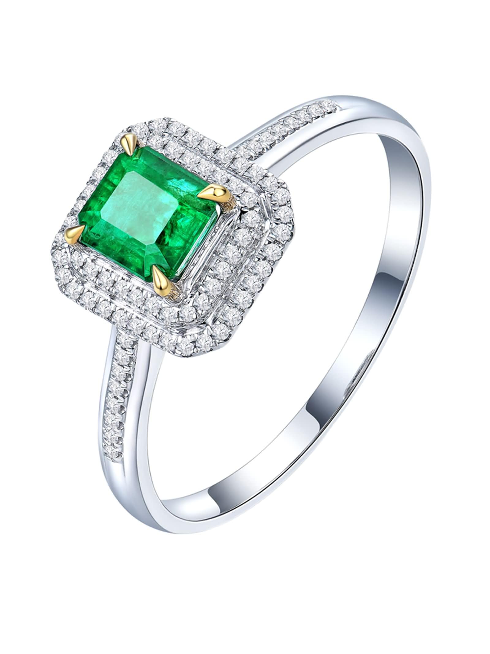 Donna Anelli Fedi Nuziali in Oro Bianco 9 Kt / 14 Kt / 18 Kt, 4 Griffe Quadrato con Smeraldo da 0,65ct e Diamante, Anelli Fedina di Verde Argento Donna