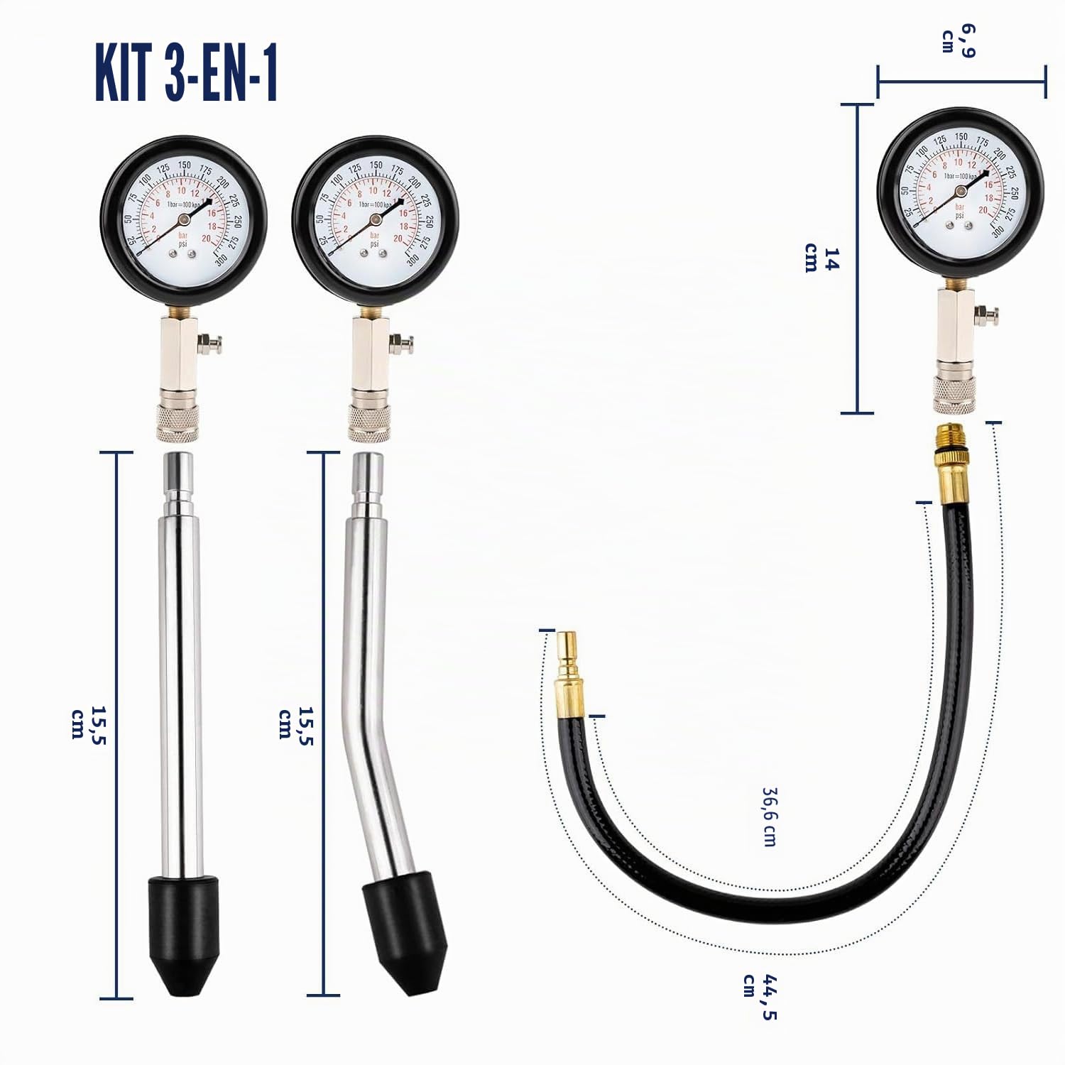 Testeur de compression pour moteur essence et diesel, testeur de pression d'huile de moto, vérification de la compression M10, M12, M14, M18, 0-20 bar et 0-300 psi