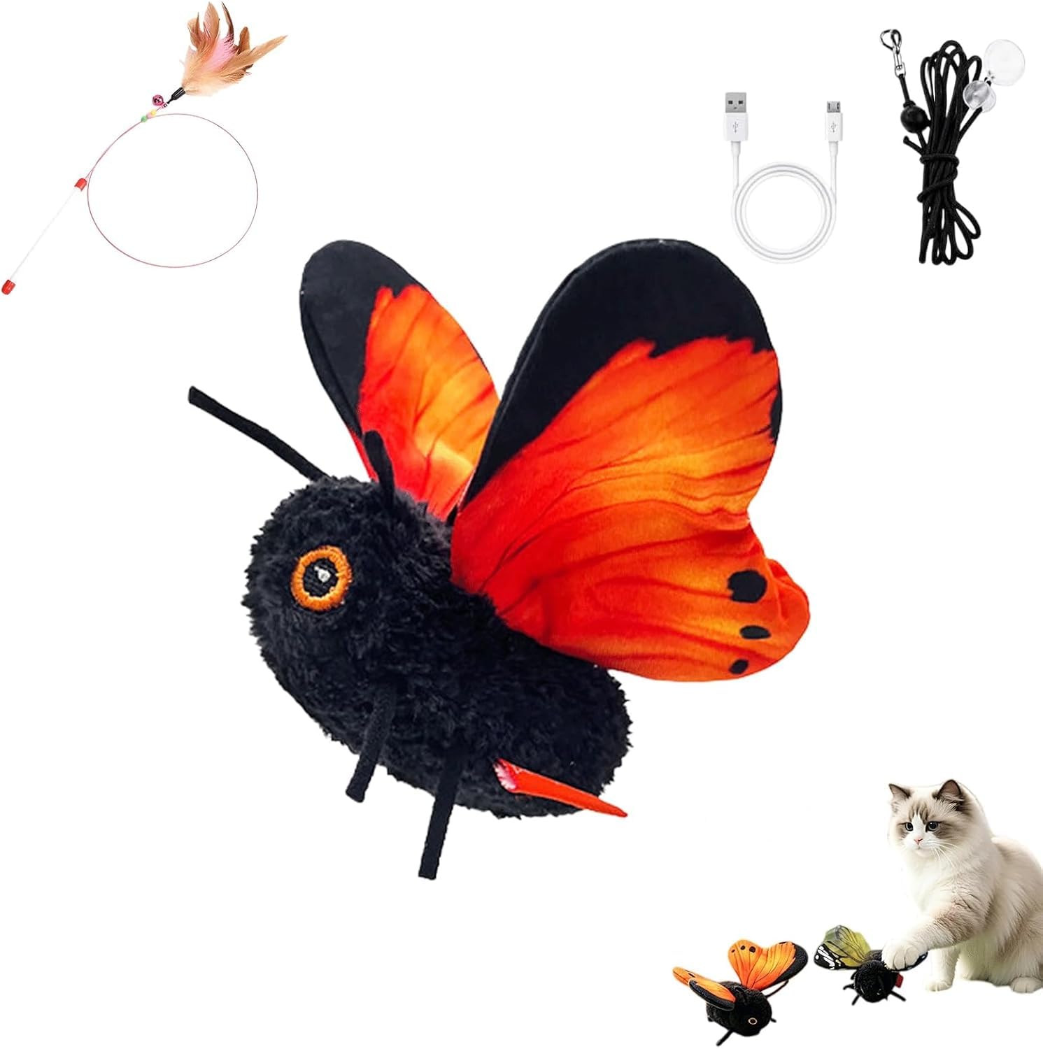 Smart Sensing Flattern-Katzenspielzeug, interaktives Schmetterling-Katzenspielzeug, wiederaufladbar, realistische Flügelbewegung, fördert das Stalken, sensorausgelöst, langlebiger Plüsch, gebaut für