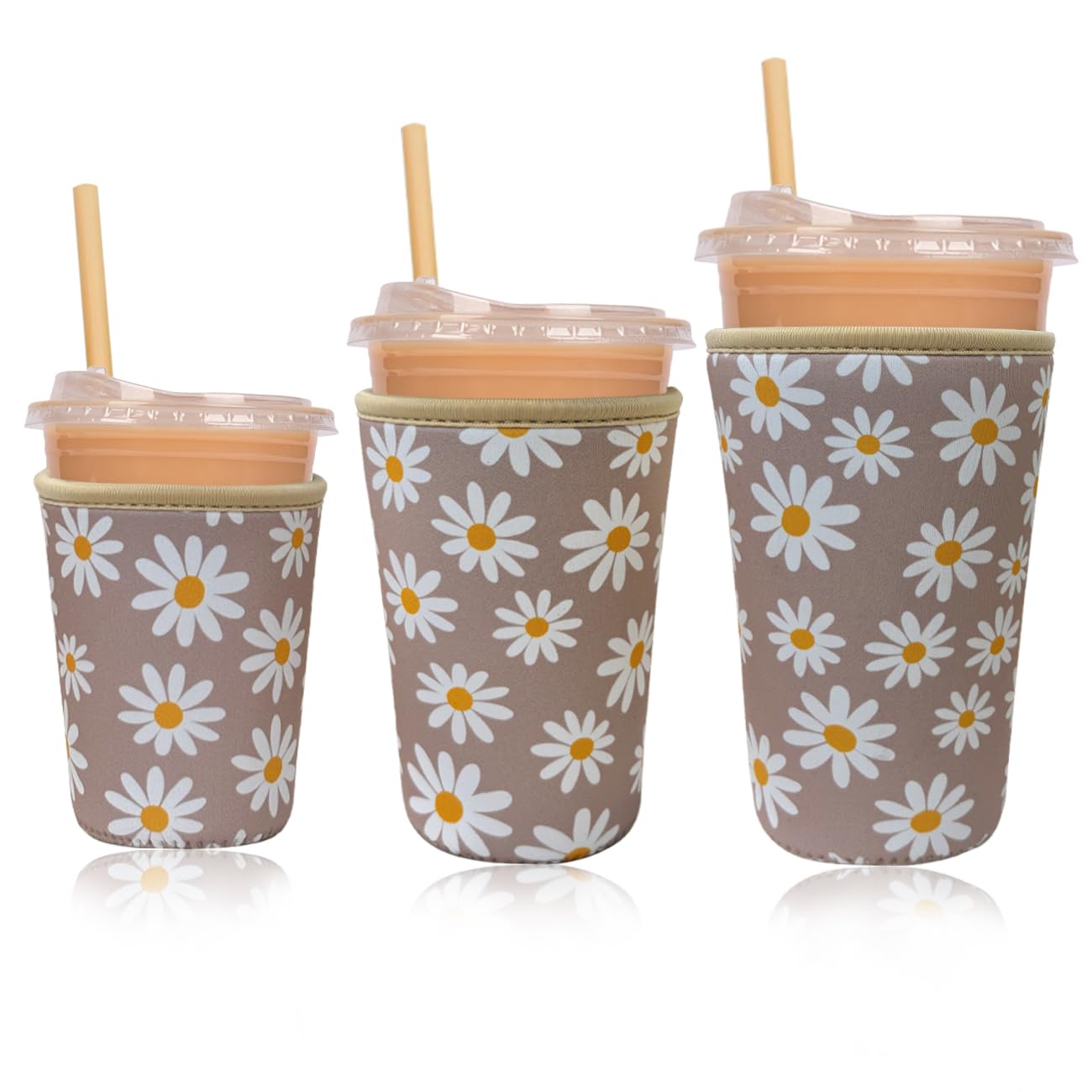 Reusable Insulated Neoprene Iced Coffee Cup Sleeve, Durable Drink Sleeve for Cold Beverages, Beverage Holder for Iced Coffee (Sunny Daisies)
