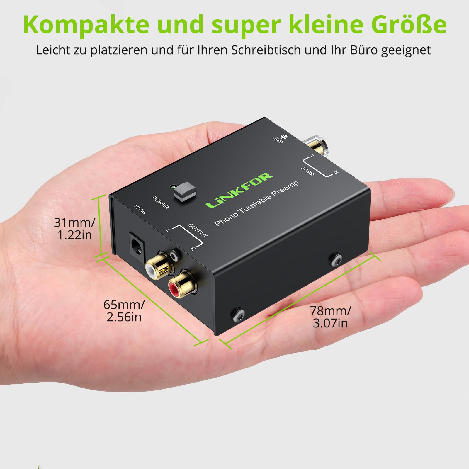 LiNKFOR Vorverstärker für Phono Plattenspieler PP900 Ultrakompakter Phono-Vorverstärker mit Cinch Eingang, Cinch Ausgang und geräuscharmem Betrieb, inklusive Netzteil
