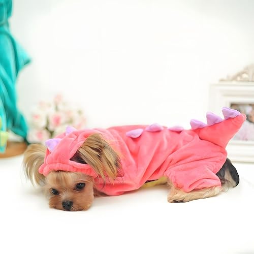 Miniatura 10 de Hotumn Disfraz de dinosaurio para perro, disfraz de Halloween con capucha de dinosaurio para perros pequeños (M, verde)