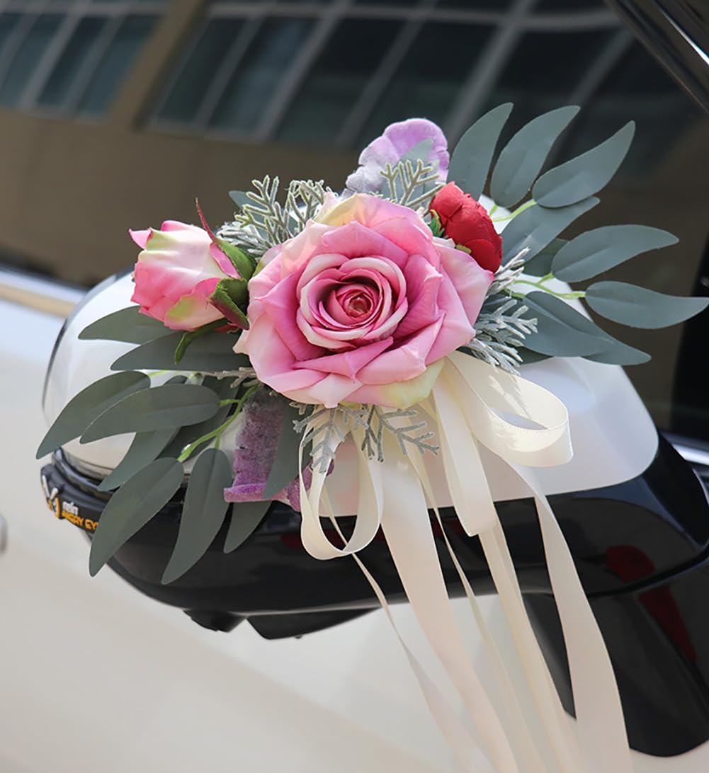 Autoschleifen Seidenblume Simulation Blume Schleife Autoschmuck Auto Car Türgriffleiste Rückspiegel Hochzeit Stuhl Zurück Dekoration Blumen für Kirche Hochzeitsauto Hochzeit Beerdigung Party Deko