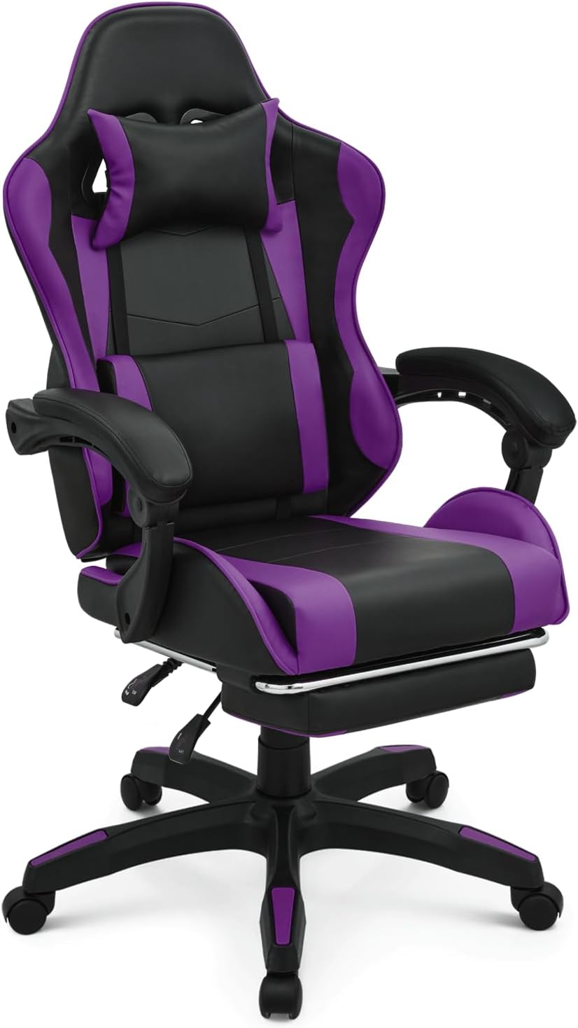 Gaming Chair, Ergonomic Computer Chairs with Arms, Lumbar Support, Footrest, Headrest 360°Swivel Chair, Adjustable Back and Height, Leather PC Chairs for Gaming, Study, Office, Black/Purple