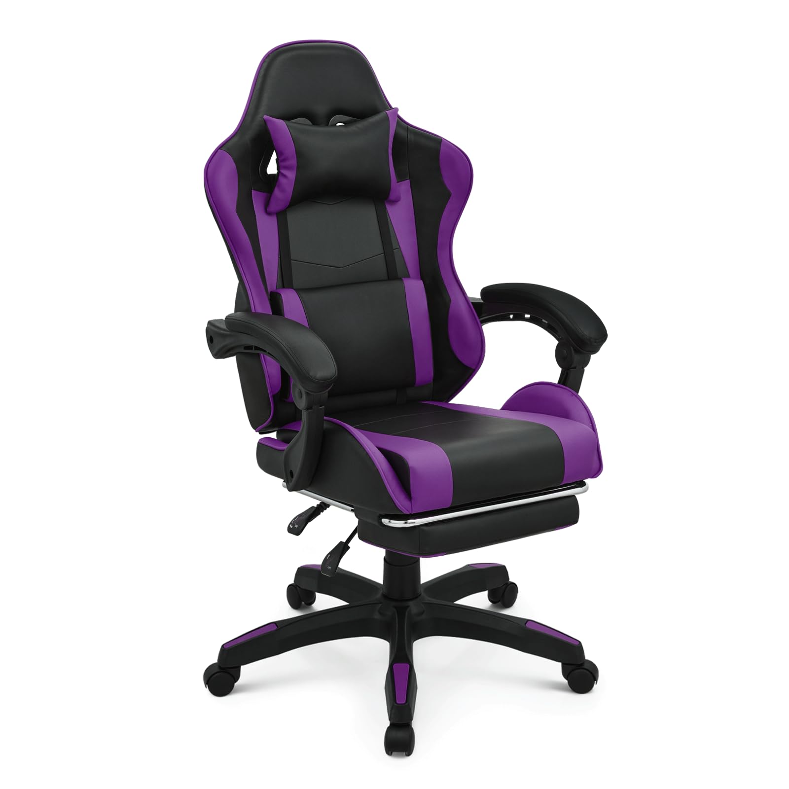 Gaming Chair, Ergonomic Computer Chairs with Arms, Lumbar Support, Footrest, Headrest 360°Swivel Chair, Adjustable Back and Height, Leather PC Chairs for Gaming, Study, Office, Black/Purple