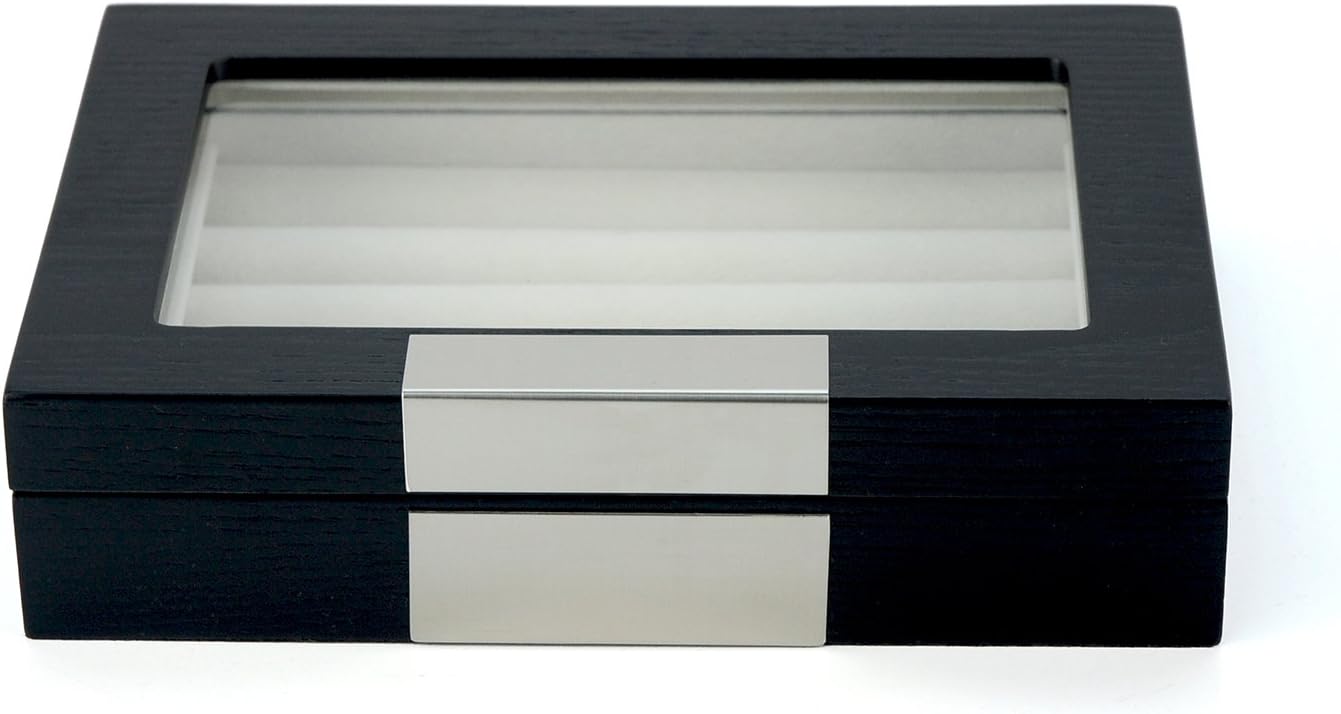 TIMELYBUYS Black Ebony Wood Cufflink Case & Ring Storage Organizer with Stainless Steel Engravable Design Accent Men's Jewelry Box for 20 Cufflinks