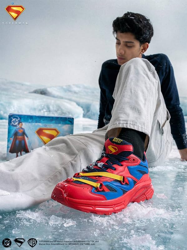 Image of Bacca Bucci Men's Superman Inspired Chunky Sneakers | Casual Sports Shoes with Mesh Panels, Bold Red Blue Yellow Colorway, Statement Streetwear Lace-Up Shoes