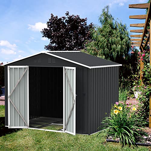 Metall Gerätehaus Gartenhaus Geräteschuppen Garten Schuppen Inkl. Metallfundament (ohne Boden), Metall Gerätehaus mit Pultdach, Geräteschrank für Garten (Schwarz 8*6) Cover