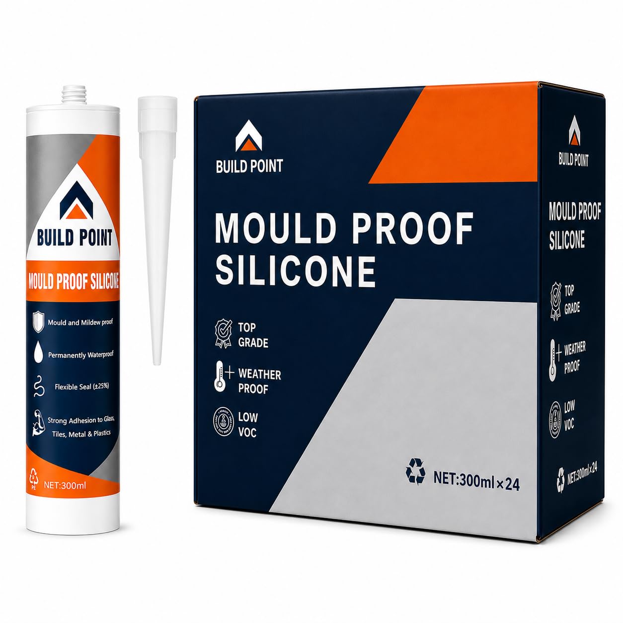Build Point Mould Proof Silicone Sealant 24 Box Strong Clear Waterproof Acetoxy Sanitary Silicone for Bathroom, Kitchen, Exterior, uPVC Windows, Shed, Anti Mould Shower Leak Sealing & Plumbing 300ml