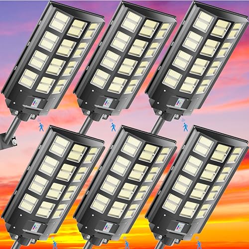 Solar Street Light - 4800W Solar Parking Lot Light 360000LM Dusk to Dawn Street Lights Solar Powered, IP67 Waterproof Solar Wide Angle Lamp with Motion Sensor for Yard, Road,6-Pack 4800W-6Pa