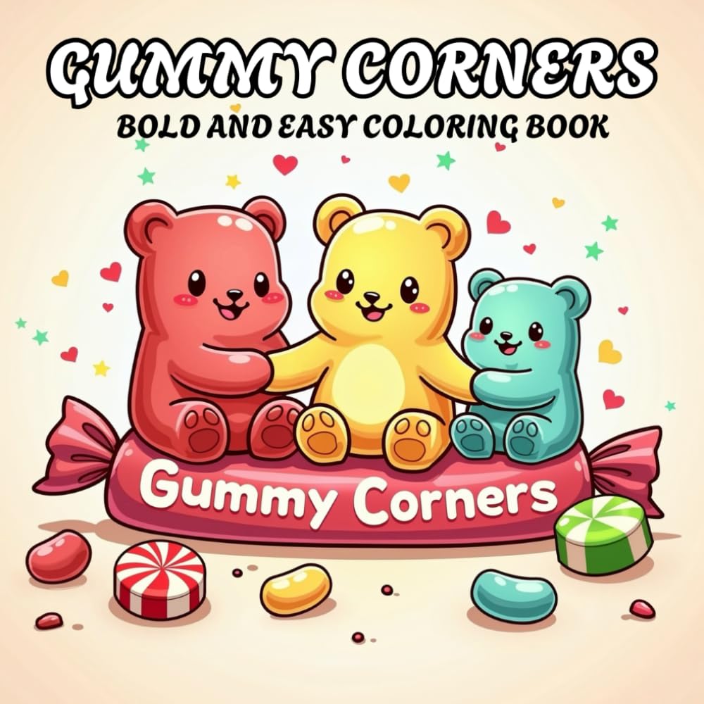 Gummy Corners : Bold And Easy Coloring Book Featuring Cute Bears Explore A Magical Land of Candy, Cupcakes, And Lollipops.: Cute Bold And Easy Coloring Book For Adults And Kids