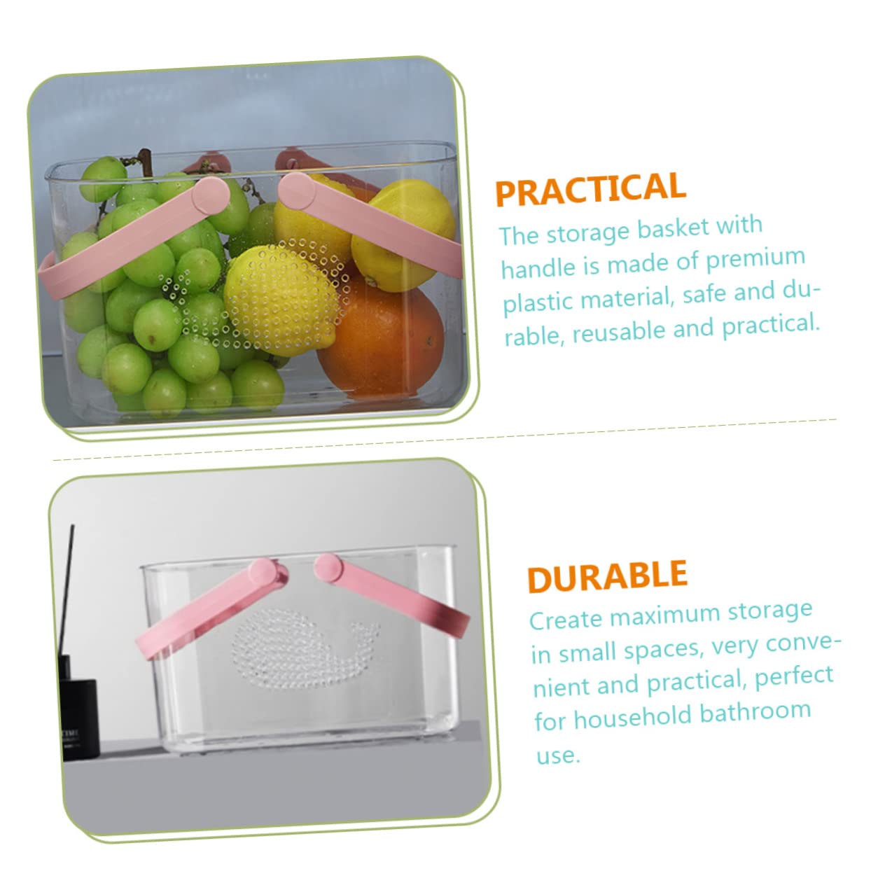Beavorty Cesta de Ducha Portátil Transparente de Plástico Rosa con Asa | Gran Capacidad, Base Estable sobre Superficie Plana, para Baño y Salón