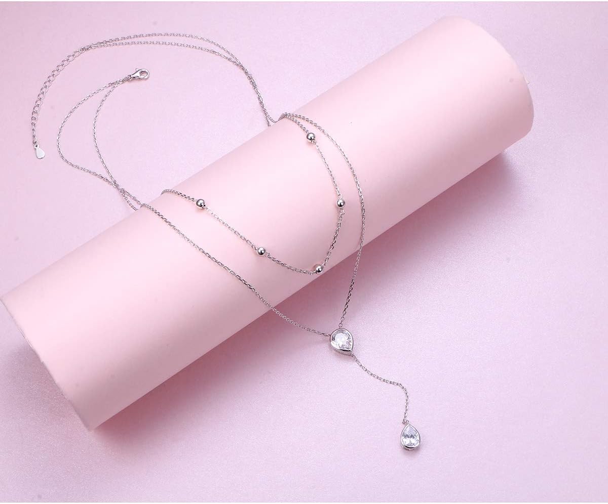 FLYOW Layered Necklace S925 Sterling Silver Teardrop Double Choker Y Lariat Long Chain Necklace Birthday Mother's Day Gifts for Women Ladies Mother Wife