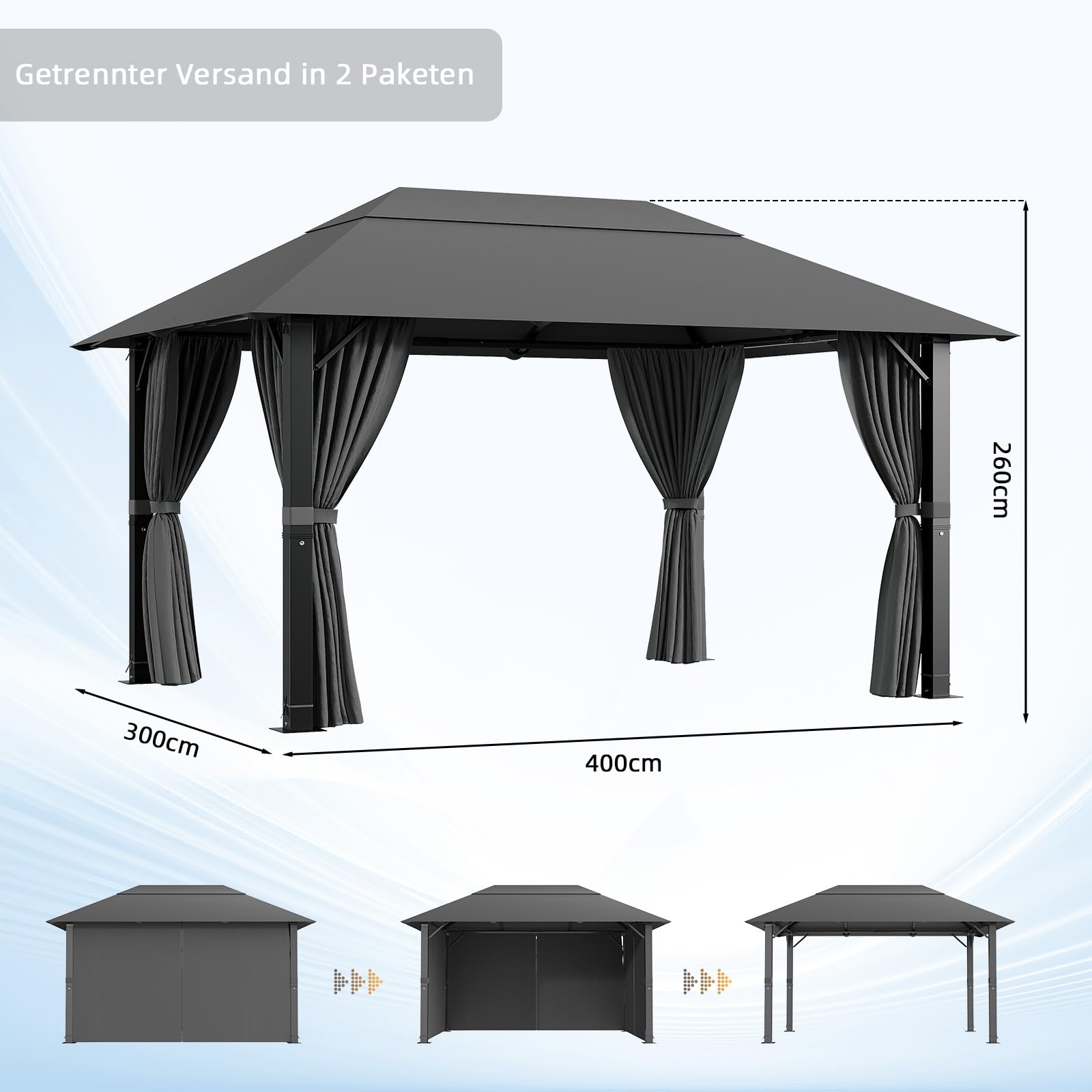 TRIUMPHKEY Pavillon 3x4 Wasserdicht Stabil,Gartenpavillon Winterfest,Partyzelt UV50+ Alu Pavillion,Faltpavillon für Garten, Party, Grau