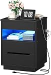 HOOBRO LED Nightstand with Charging Station, 2-Drawer Locking Bedside Table with Adjustable Lights, Black End Table for Bedroom, 2 AC Outlets, USB-A Port and Type-C, Black BB144UDBZ01