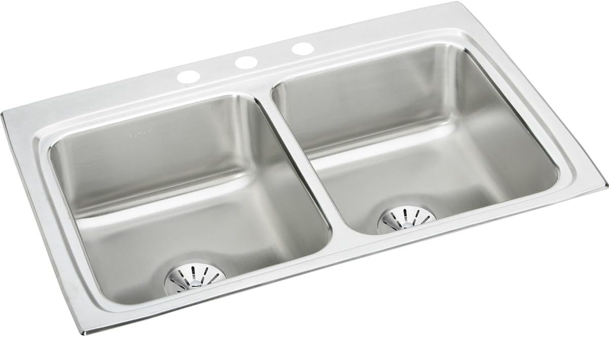 Elkay Lustertone LR3322PD3 Equal Double Bowl Top Mount Stainless Steel Sink with Perfect Drain