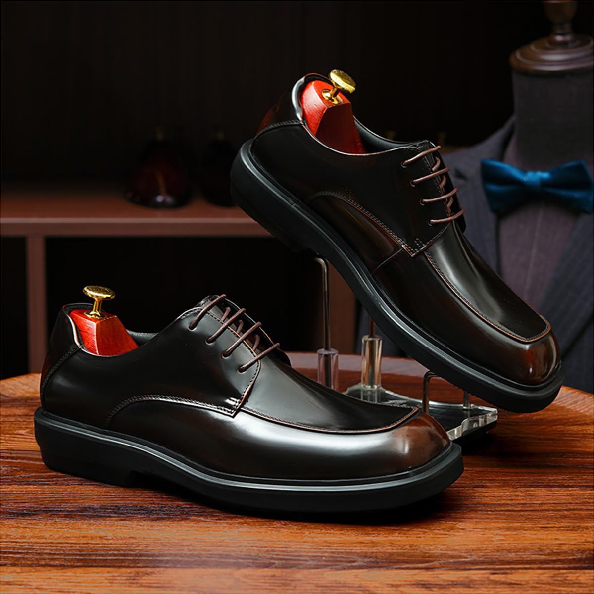 Derbys Comode Suola Spessa Punta Quadrata da Uomo Scarpe Stringate Casuale in Vera Pelle Scarpe Eleganti Formali Affari