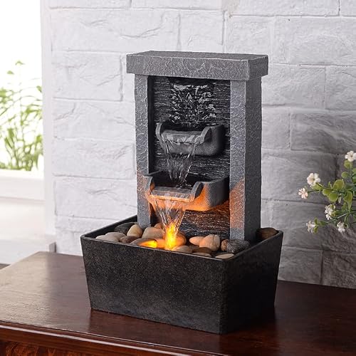 Gossi 10.3 In Indoor Waterfall Fountain Relaxation High Pressure Water Pumps Tabletop Fountain Nature Feeling Water Fountains With Reflective Lighting/River Rocks Home/Office Decoration #TOP6
