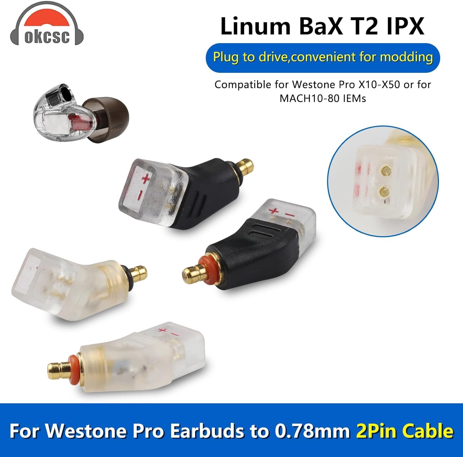 okcsc Adapters for Westone Pro X10-X50 Male to 2 Pin Cable Compatible for MACH10-80 or Linum BAX T2 Headphones Lossless Sound Quality One Pair of Headphone Converter Black - Image 2