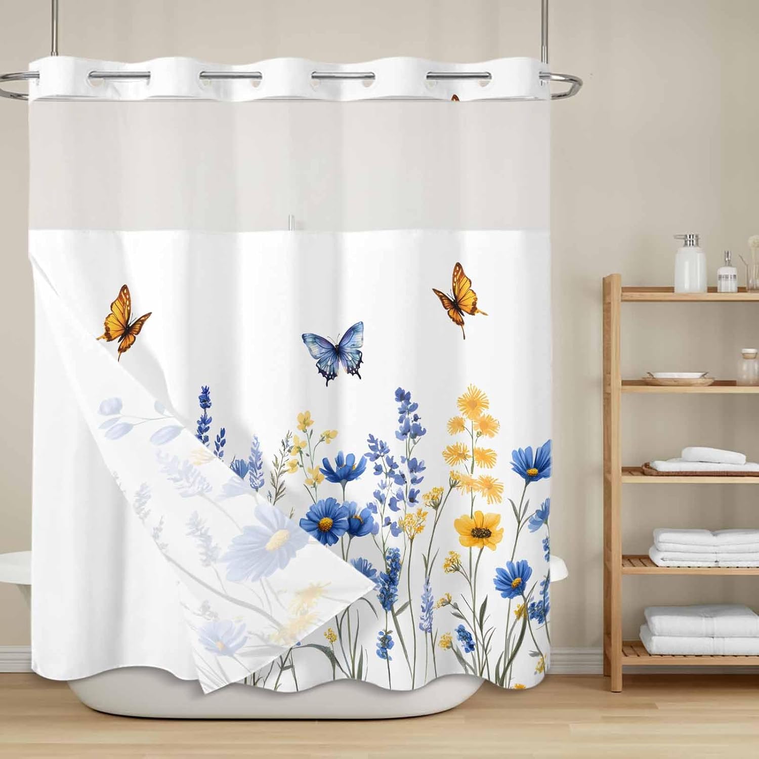 Spring Florals No Hook Shower Curtain with Snap in Liner, Watercolor Blue Yellow Lavender Daisy Floral Butterfly Waterproof Shower Curtains with See Through Top Window Liner for Bathroom, 72x78 Inches
