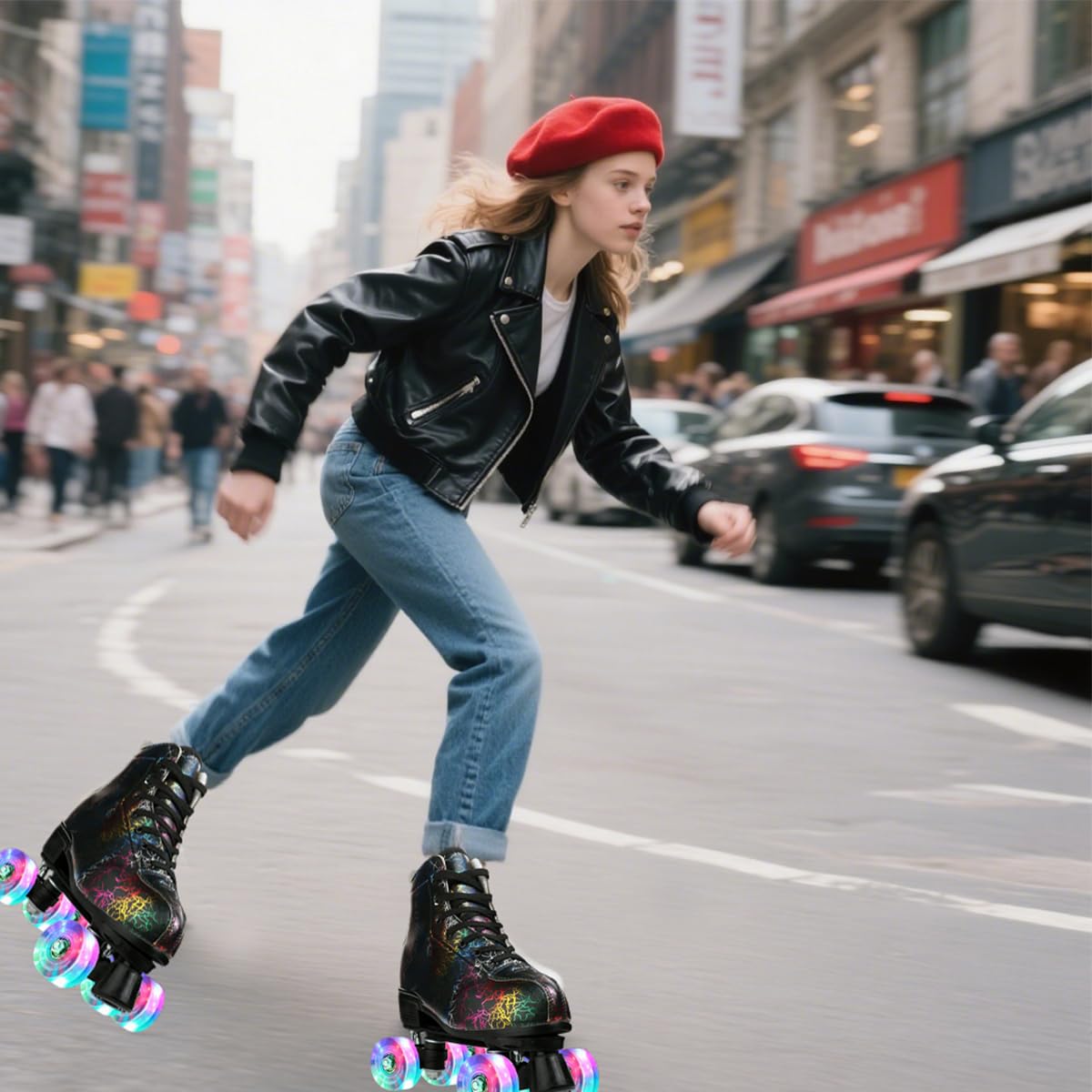 pattini a rotelle unisex doppie crude, quattro ruote, classiche, high-top, in pelle PU, illuminazione a rulli, scarpe per principianti, donne, ragazzi, ragazze, interni ed esterni