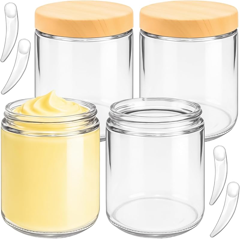 Frascos redondos de vidro MotBach com tampas com efeito de madeira e espátulas, 240 mL, pacote com 4