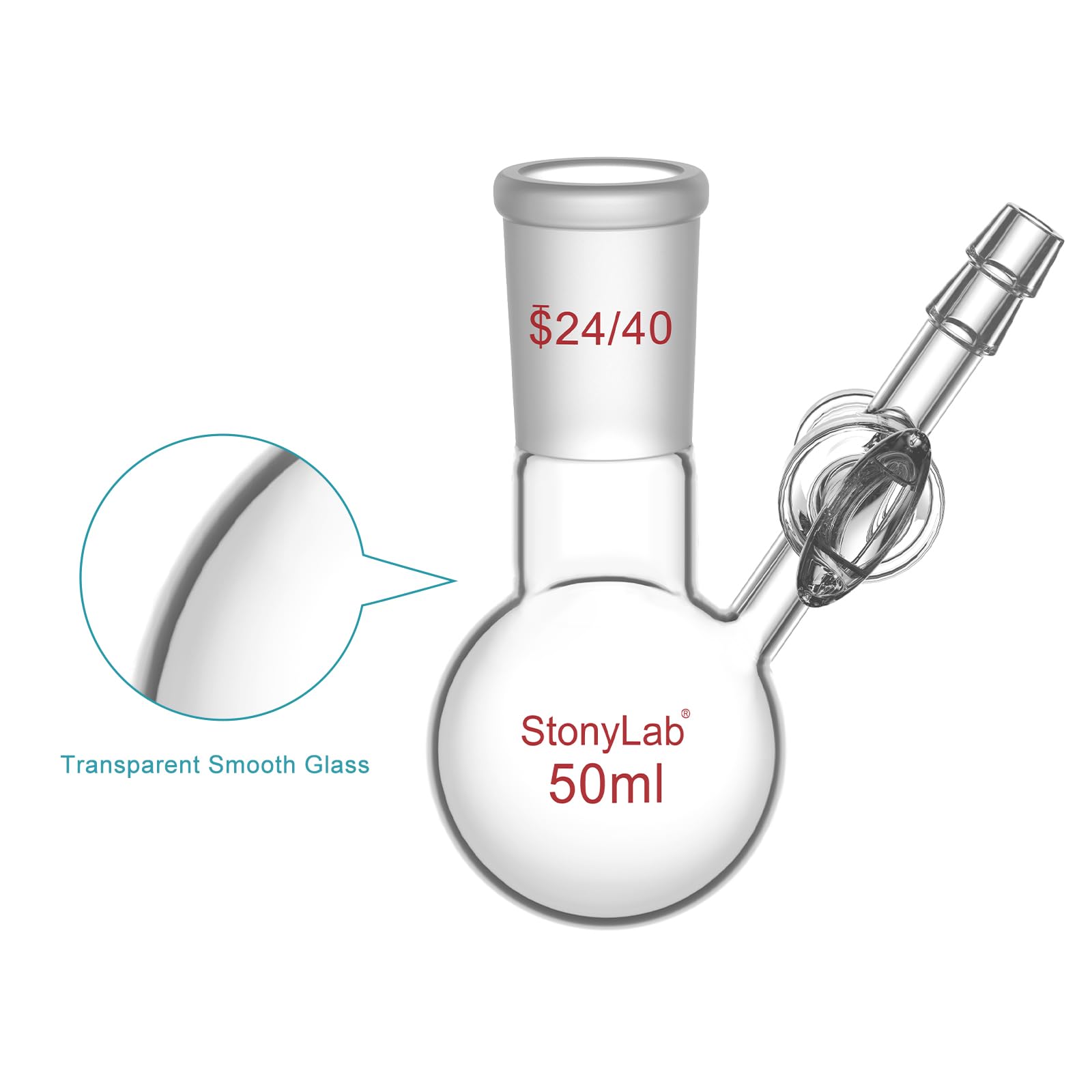 stonylab Pallone di Reazione con Rubinetto in Vetro, Giunto 24/40, Pallone a Fondo Tondo Monocollo in Vetro Borosilicato, per Esperimenti e Applicazioni in Laboratorio, 50 ml