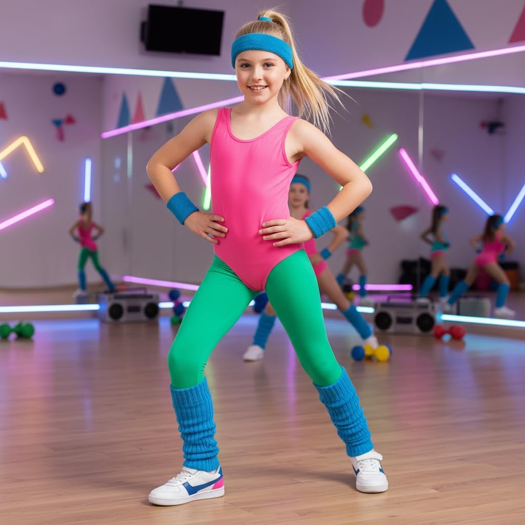 Kids 80s 90s Workout Costume for Girls Neon Party Halloween Cosplay 5Pcs Set - Image 6