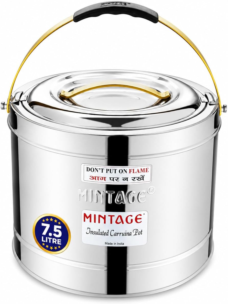 Mintage Sambar Hot Pot 7.5 Liters Insulated Stainless Steel | Serving Container | Leakproof Lid | Picnic Jar Hot & Cold 12HR | Carrying Handle Large Capacity Kitchen Dining