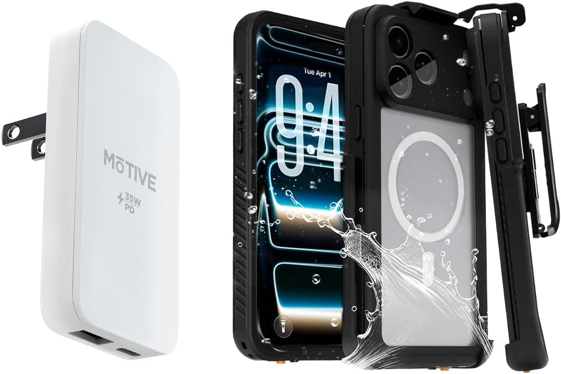 MOTIVE iPhone 17 Pro Max Waterproof Case + 35W Dual USB-C Charger