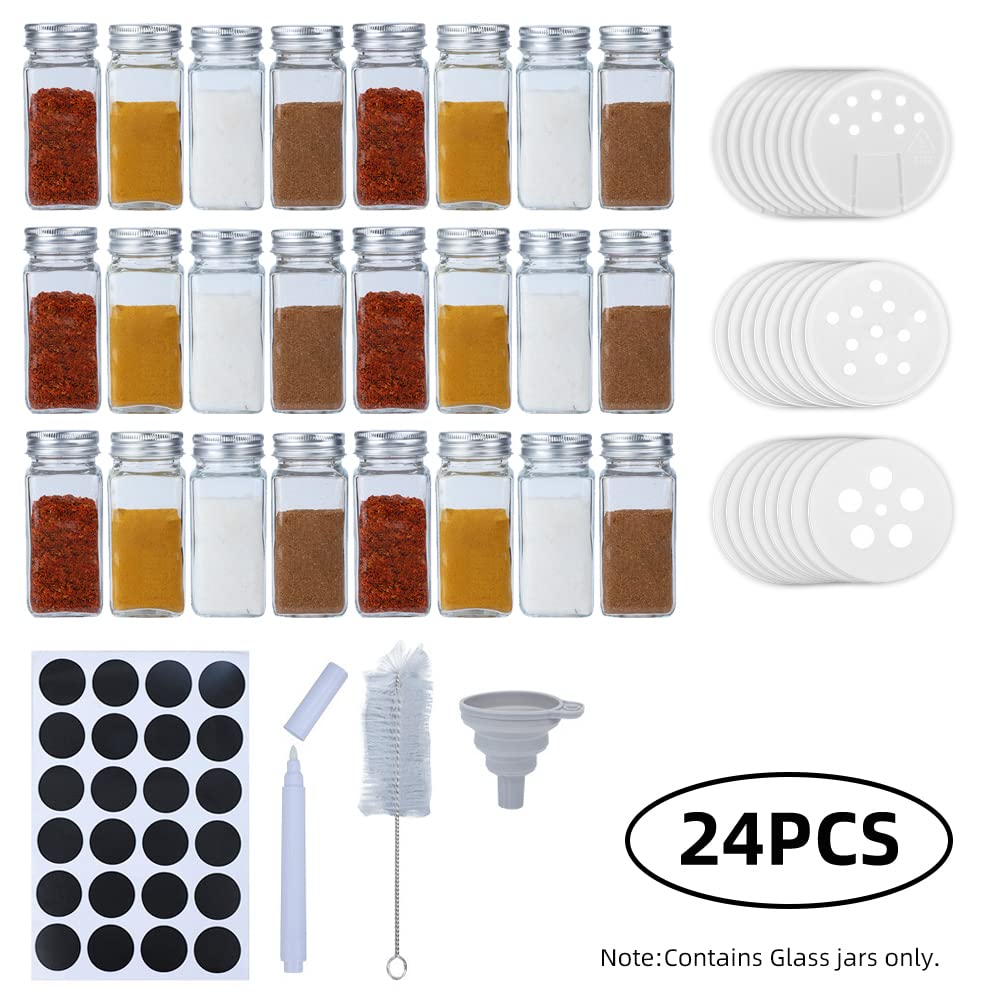 24 quadratische Glasflaschen mit 24 Etiketten, 120-ml-Shaker-Deckel und luftdichten Metallkappen. Zusammenklappbarer Trichterbecher aus Silikon, Pinsel und Markierungsstift im