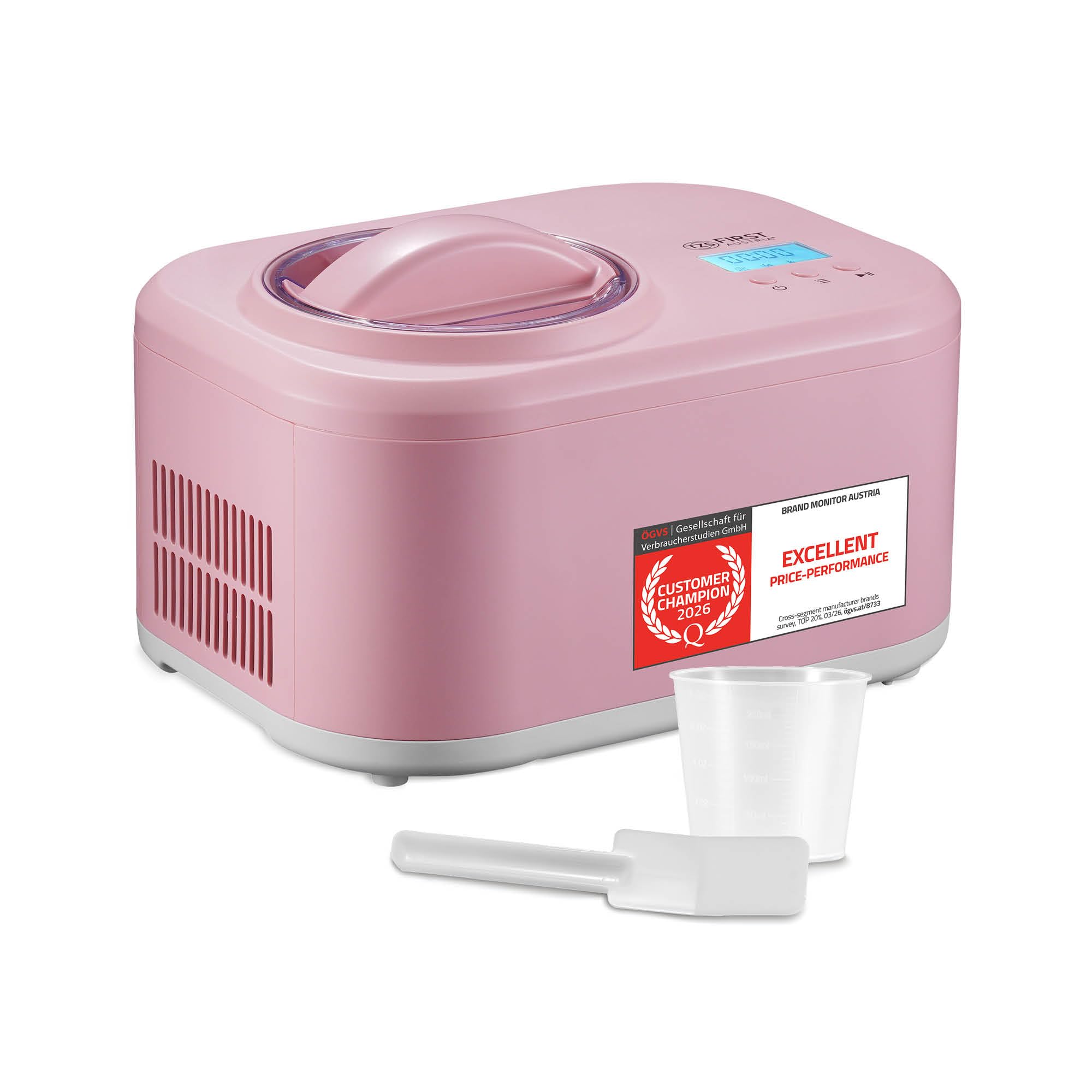 TZS First Austria - Sorbetière 1L avec Compresseur 3-en-1-100W Machine à Glace Auto-Réfrigérante - Pour Frozen Yogurt, Sorbet & Glace - Cuve Inox - Rose