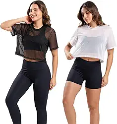 Kit 2 Blusas Tule Transparente Academia Feminina Esporte Fitness Manga Curta Roupa de Academia Moda Fitness