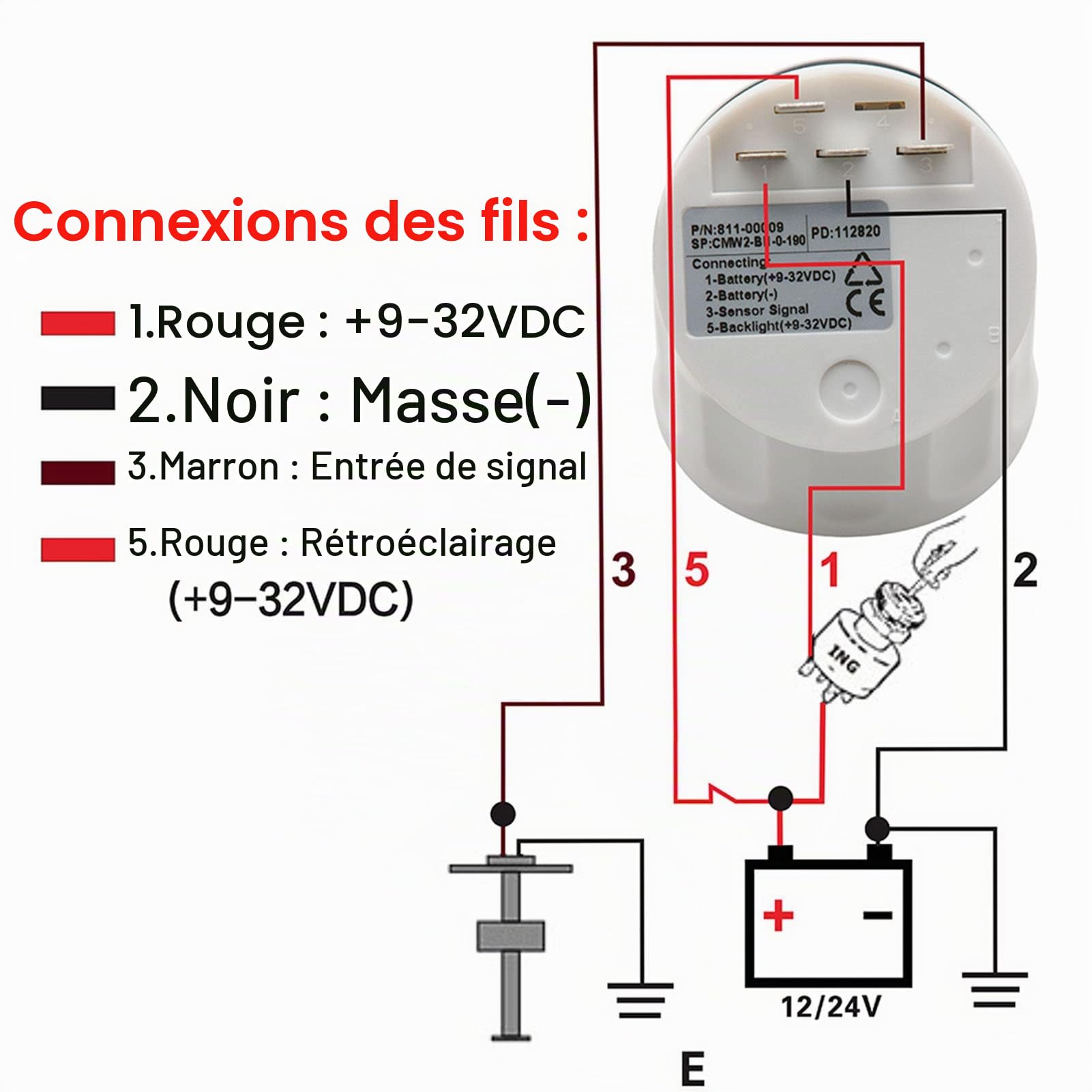 Geloo Jauge de Niveau de Carburant avec Capteur de Niveau de Carburant, 0-190 Ohm Capteur de Niveau d'eau et de Niveau d'huile 52mm Jauge à Carburant pour Voiture, Bateau, Camion, Camping-car (375 mm)